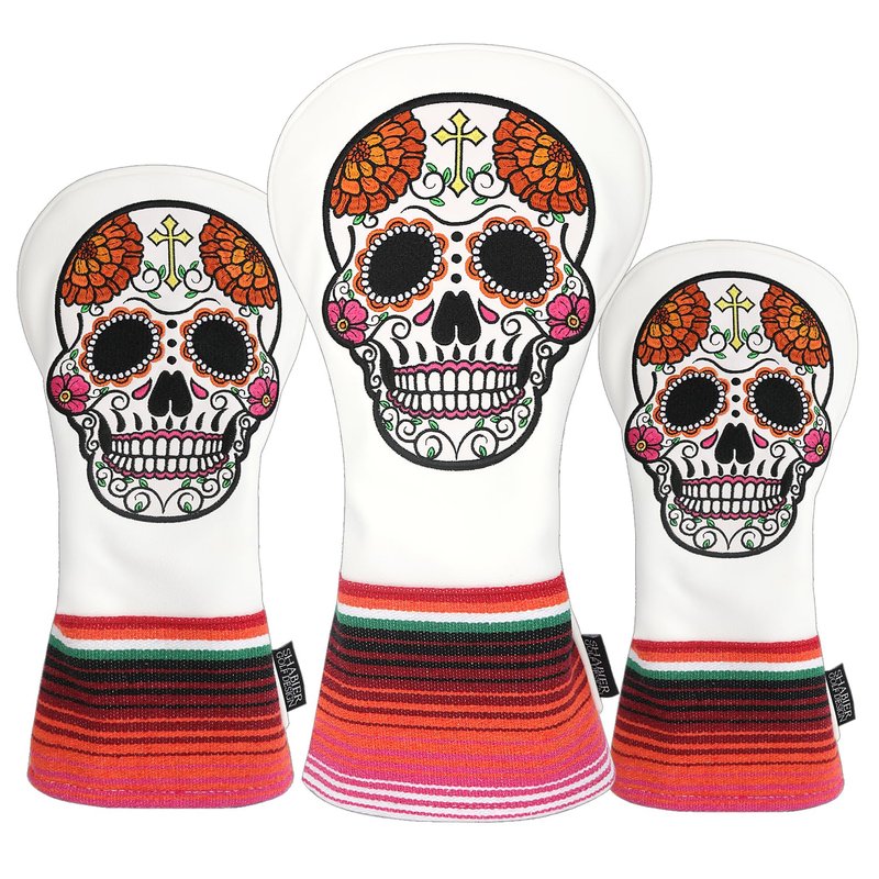 SHABIER White Golf Hybrid Headcover with Orange Flower Embroidery Sugar Skull Design for Golf Club