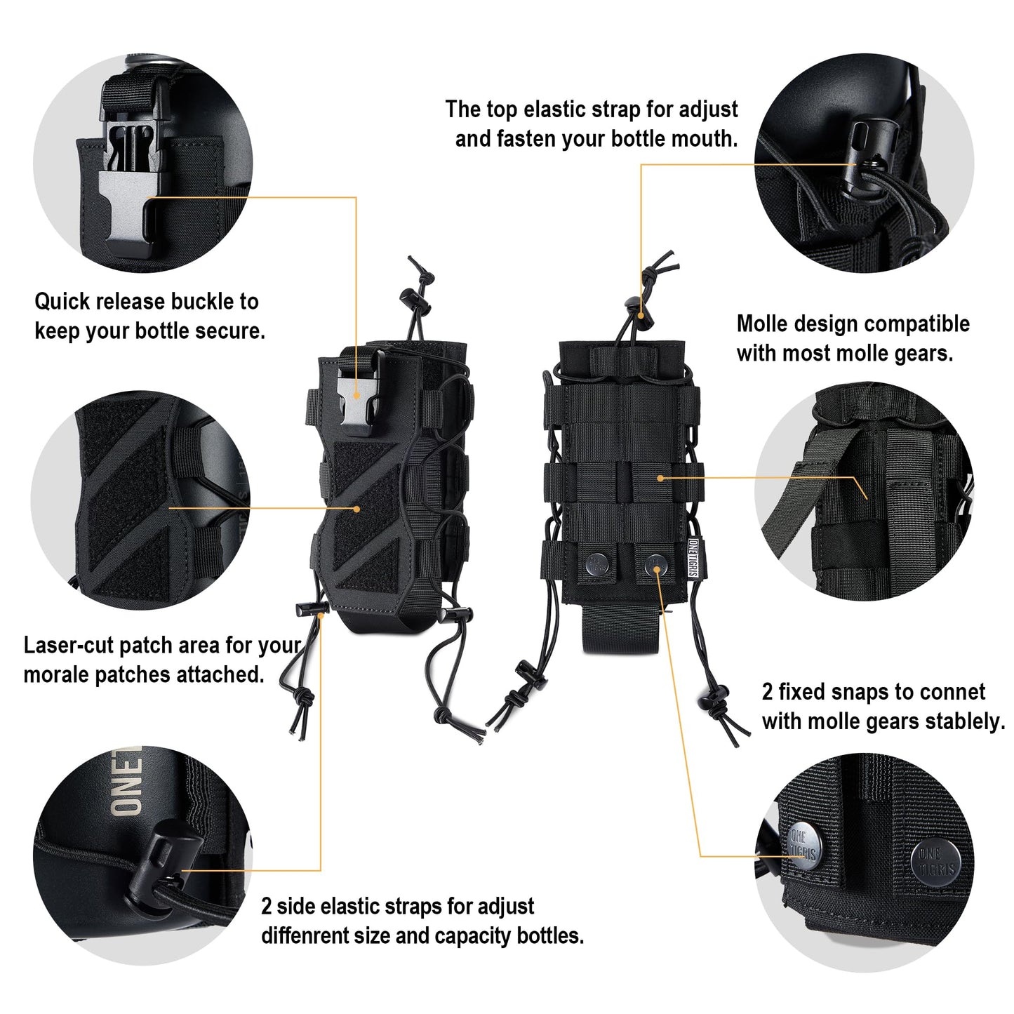 OneTigris MOLLE Water Bottle Holder - Adjustable 18-32oz Bottle Pouch, 500D Nylon Tactical Bottle Holster for Hiking, Travel & Outdoor