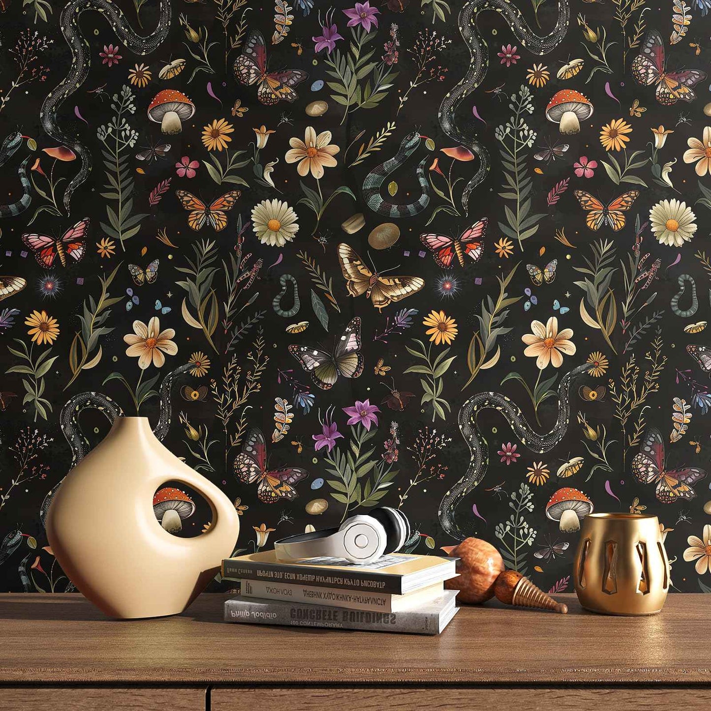 VEELIKE Midnight Forest Wallpaper Peel and Stick Snake Butterfly Floral Wallpaper for Bedroom Bathroom 17.7''x118'' Black Botanical Wall Mural Removable Self Adhesive Floral Contact Paper for Cabinets