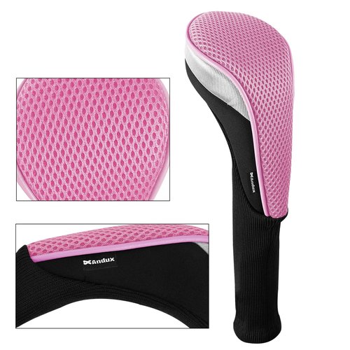 Andux 3pcs/Set Golf 460cc Driver Wood Club Head Covers Long Neck with No. Tags Pink