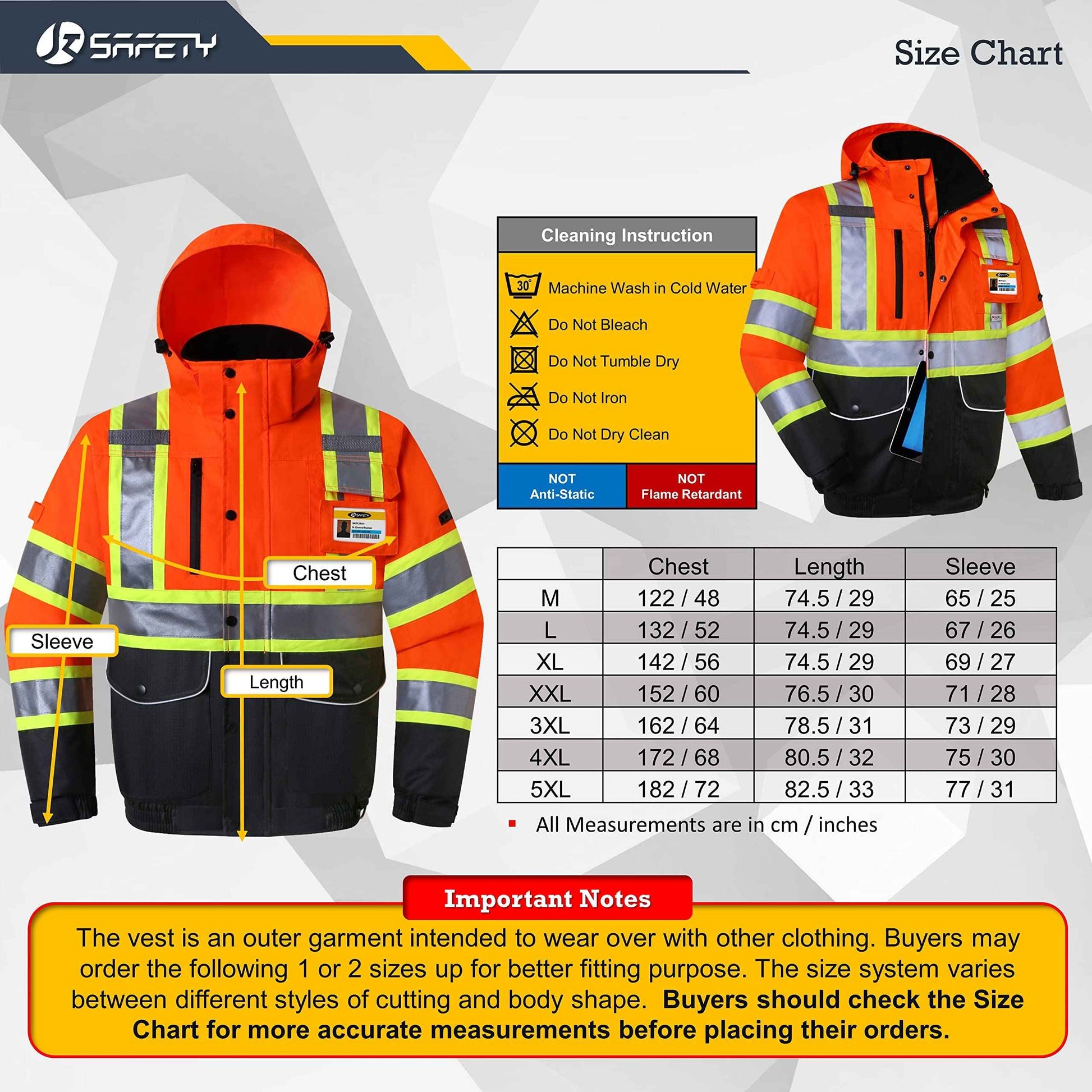 JKSafety 10 Pockets Hi-Vis Waterproof 3M Reflective Winter Bomber Jacket for Men Women | Secured Tablet Pocket | Detachable Hood and Retractable ID Pocket (118-Orange-Black, L)