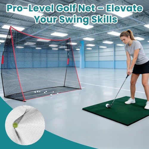 OLIXIS Golf Nets for Backyard, 10x7 ft Golf Practice Net with Frame, Outdoor & Indoor Dual-Use Sturdy for Hitting, Personal Driving Range for Home, Garage and Backyard, Red and Black