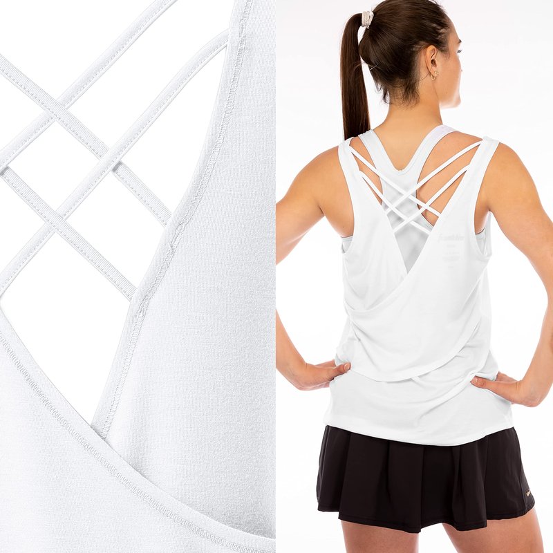 Franklin Sports Women's Sports Tank Top - White Athletic Lattice Back Tank Top for Pickleball, Tennis, Golf + Other Sports - Comfortable Relaxed Fit Spandex Blend - Women's Large - White