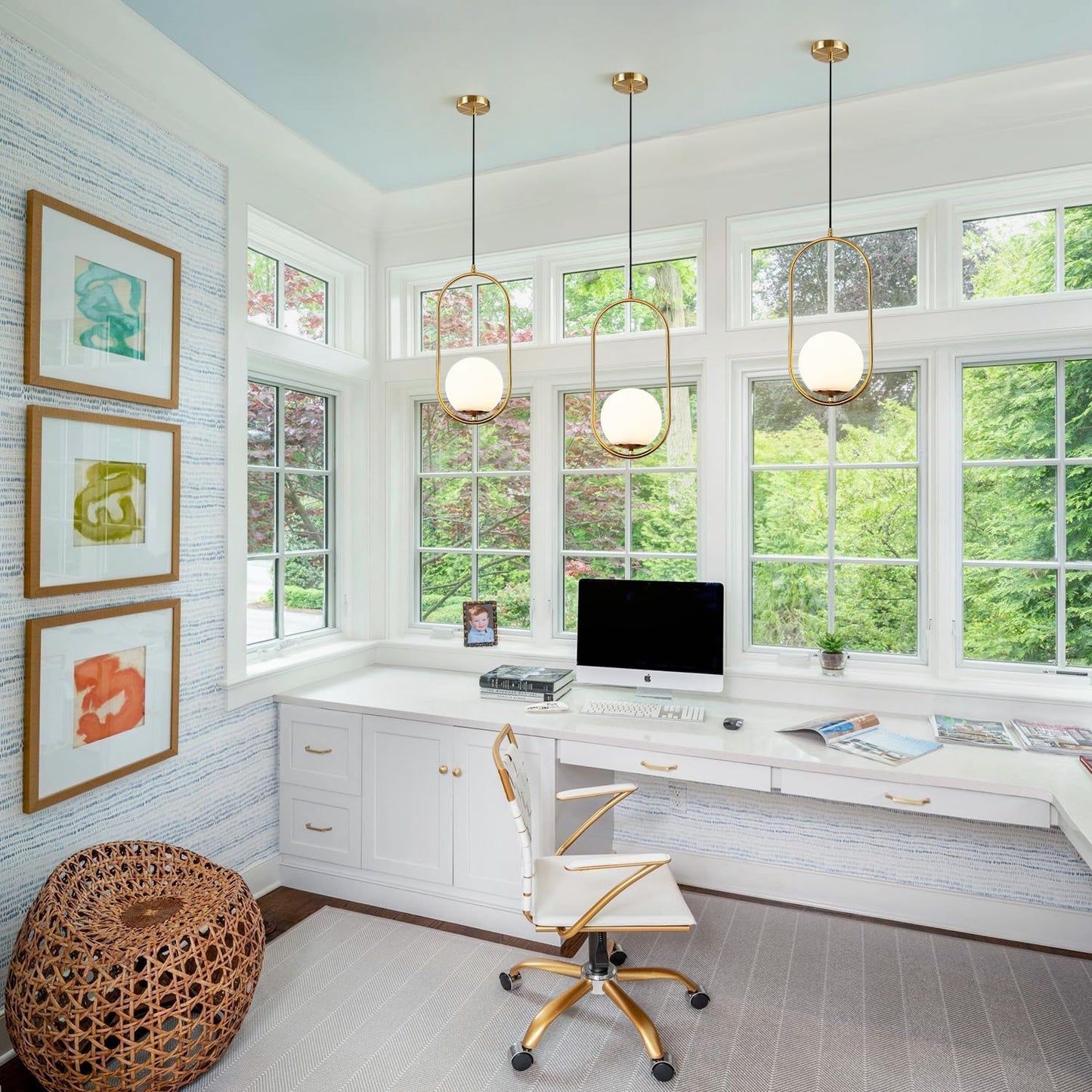 BOKT Modern 1-Light Large Globe Pendant Light Fixture Mid Century Brass Gold White Glass Pendant Lighting Kitchen Island Minimalist Round Ceiling Hanging Pendant Lamp (White-Large)