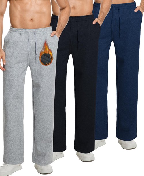 Veldtholos 3 Pack Men's Fleece Lined Sweatpants with Pocket Cotton Sweatpants Winter Warm Athletic Joggers Open Bottom for Men