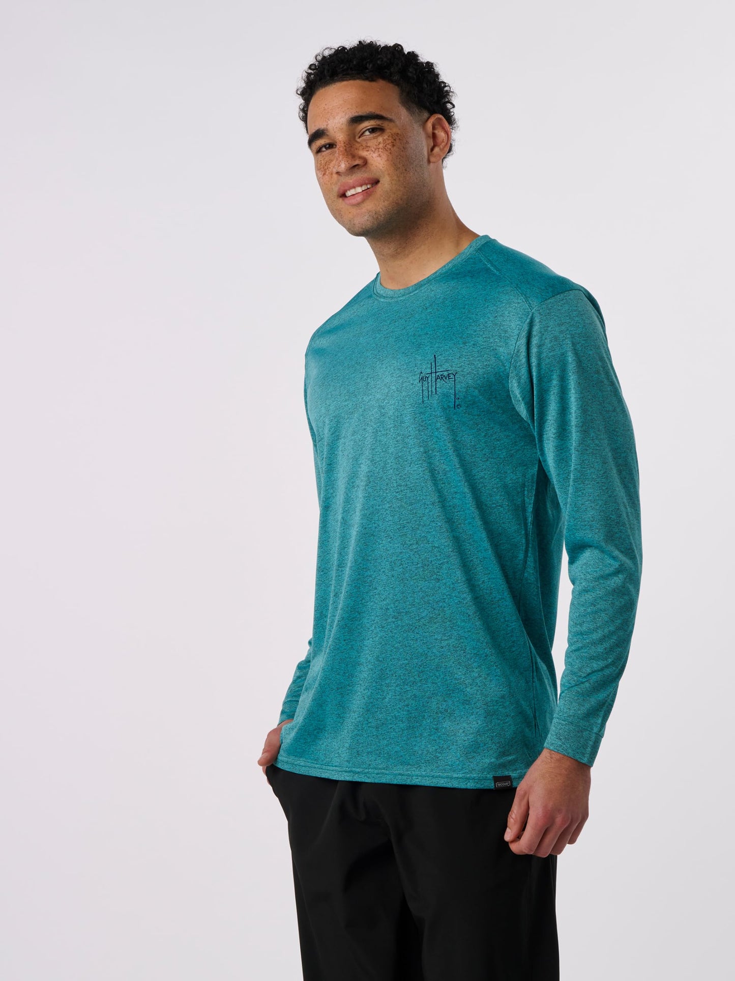 Guy Harvey Men's Long Sleeve Recycled Polyester Graphic T-Shirt, Seafoam/Sail Scribble, X-Large