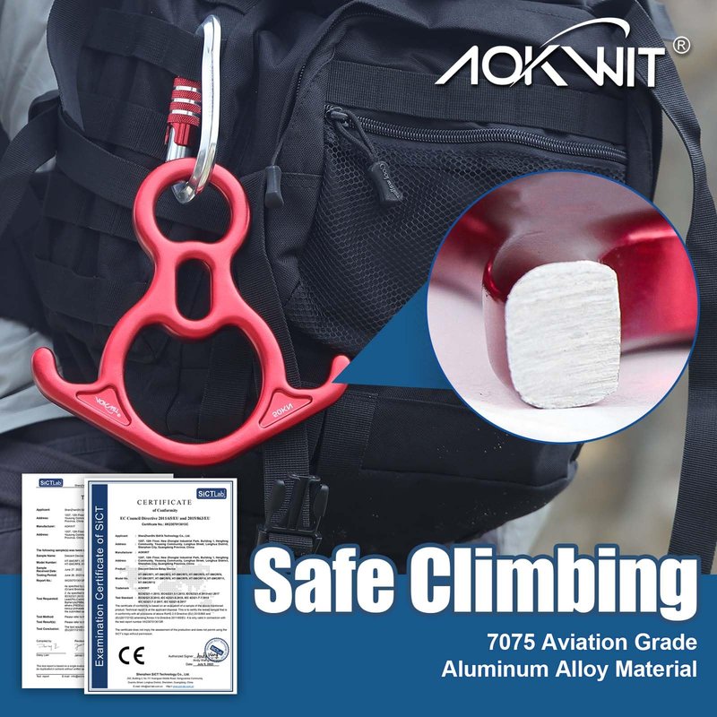 50KN Rescue Figure, 8 Descender Large Bent-Ear Belaying and Rappelling Gear Belay Device Climbing for Rock Climbing Peak Rescue 7075 Aluminum Alloy (Red)