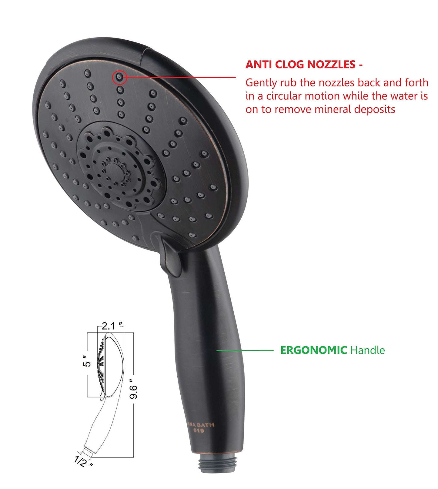 Ana Bath Anti-Clog High Pressure Large Oil Rubbed Bronze Dual Shower Head 5-inch 5-Settings Shower Head with Handheld Spray Combo + 5 Foot Stainless Steel Shower Hose w/ BRASS connectors