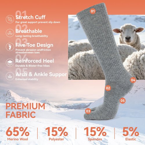Magifuls Merino Wool Toe Socks For Men And Women Hiking Crew Socks Moisture Wicking Five Toe Design,2 Pairs