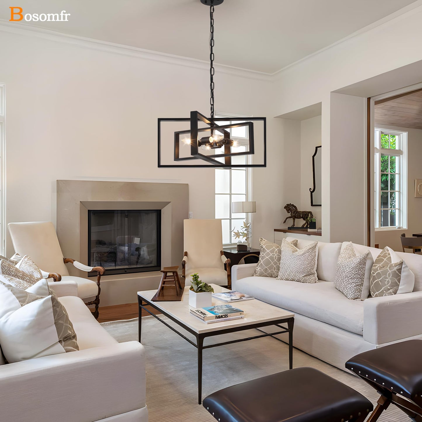 Bosomfr 19.7'' Modern Chandelier 4-Light, Black Farmhouse Light Fixture Cross Chandeliers for Dining Room Living Kitchen Island Bedroom Living,Rectangular Metal Industrial Hanging Ceiling Lighting