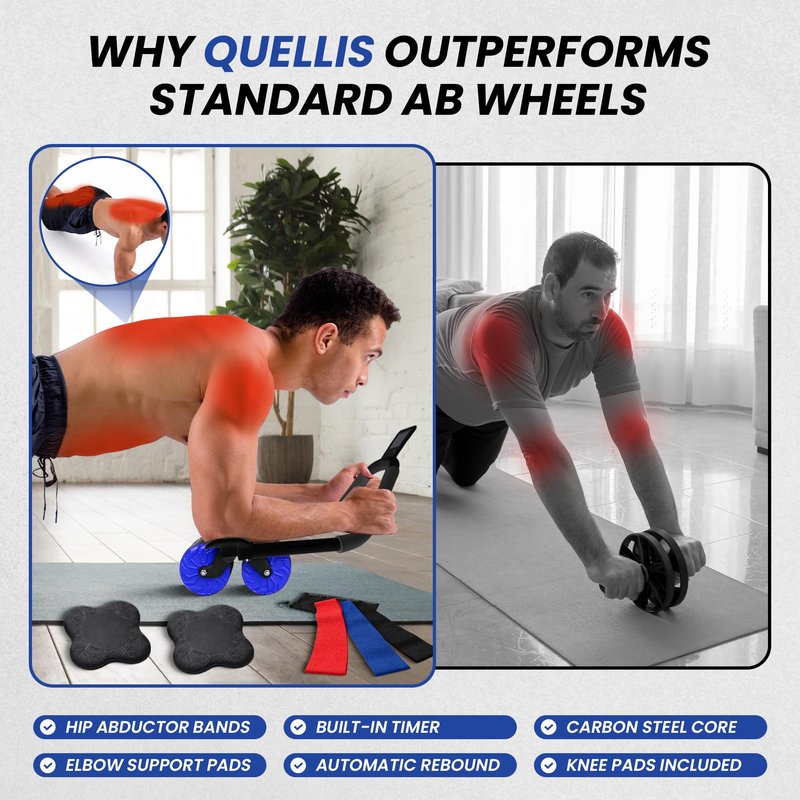 Quellis AB Roller Wheel with Elbow Support & Knee Pads - Core and Back Strength Training Wheel for Men & Women, Home Fitness & Ab Workout Equipment. (Black/Red)