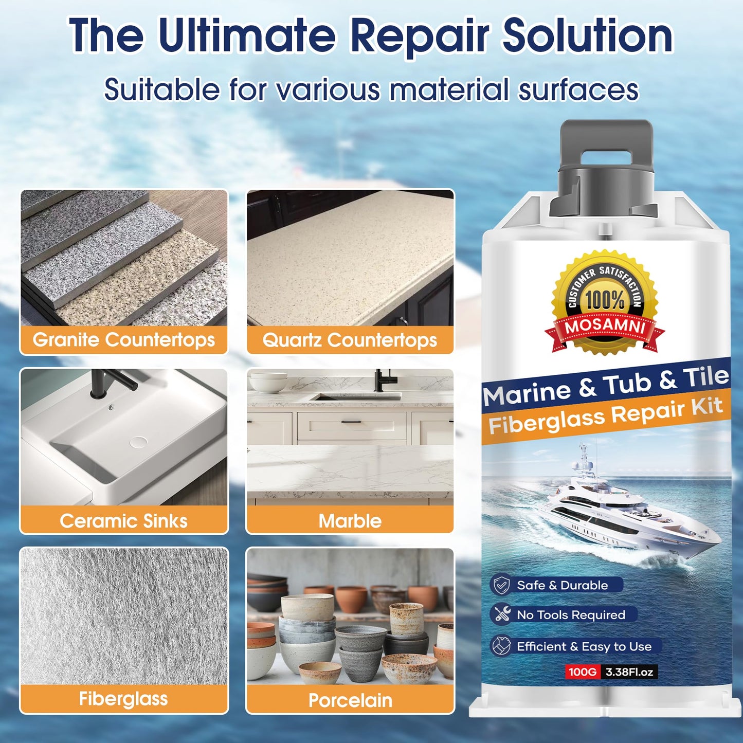 MOSAMNI Gel Coat Repair Kit for Boats (Color Match), Marine Fiberglass Gelcoat Repair Kit for Boats Fixes Holes Chips Pits Cracks Dents Scratches on Fiberglass, Acrylic, Porcelain