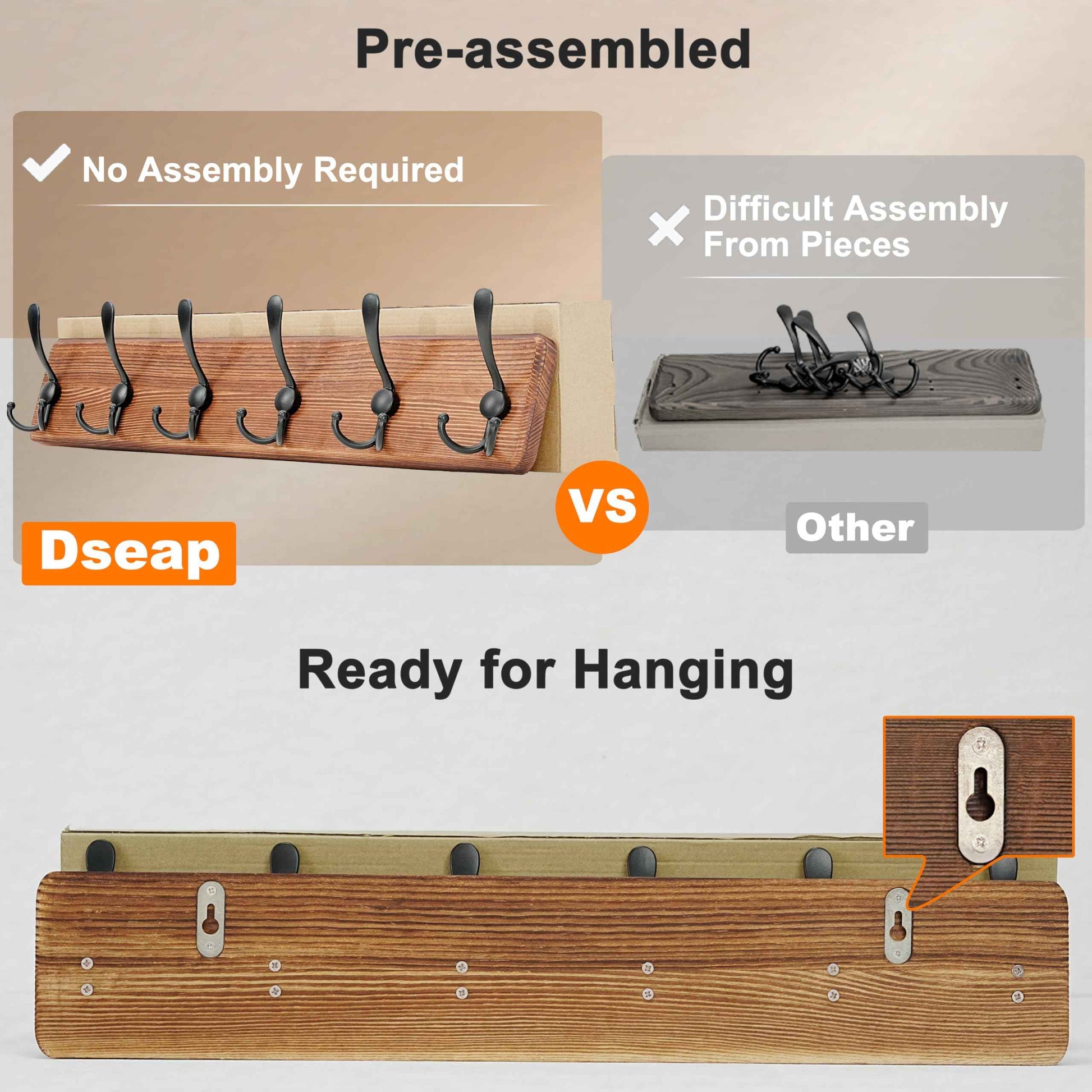 Dseap Coat Rack Wall Mounted - 24" Long 6 Tri Hooks, Heavy Duty Wooden Wall Coat Hanger Coat Hook for Clothes Hat Jacket Clothing, Weathered Brown and Black, Pack of 2