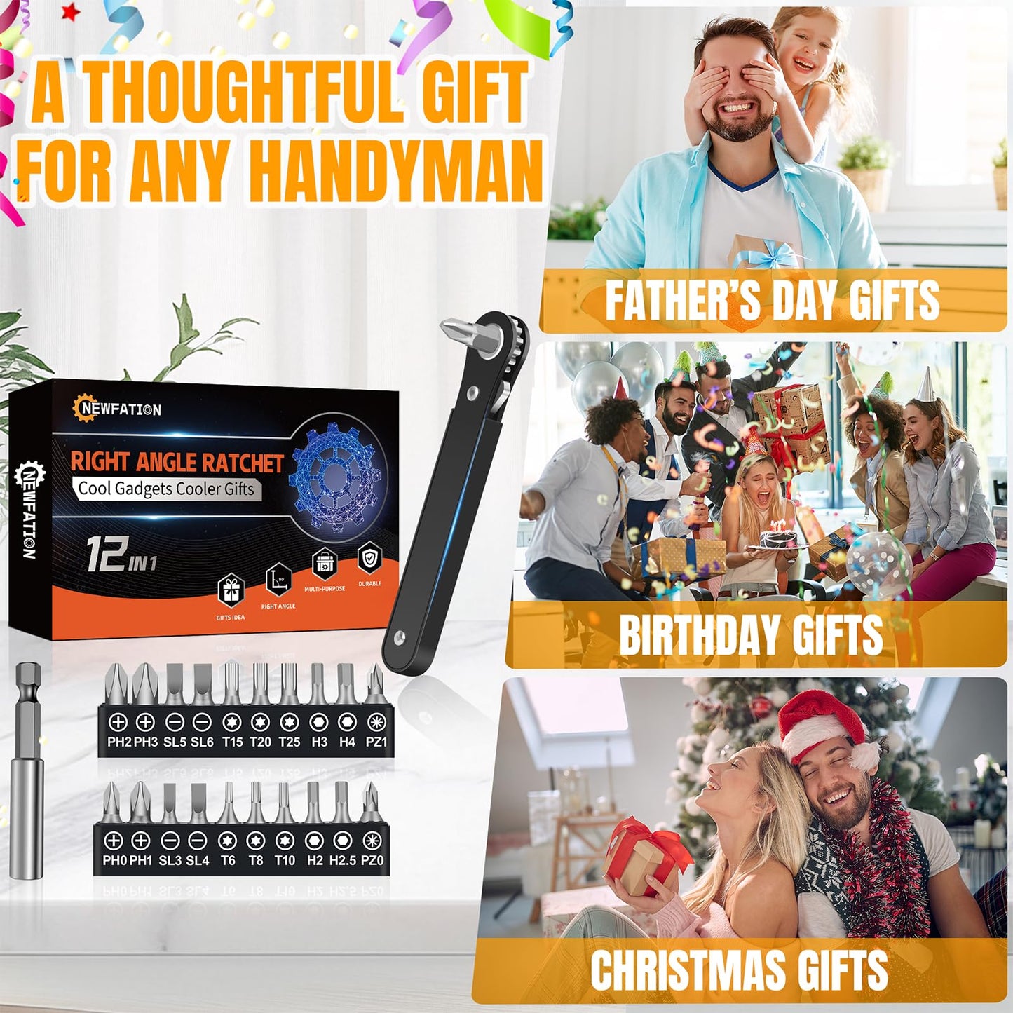 Ratcheting Screwdriver Men Gifts – Right Angle Screwdriver for Tight Spaces, Cool EDC Gadgets, Small Tool Gift for Men Dad Husband