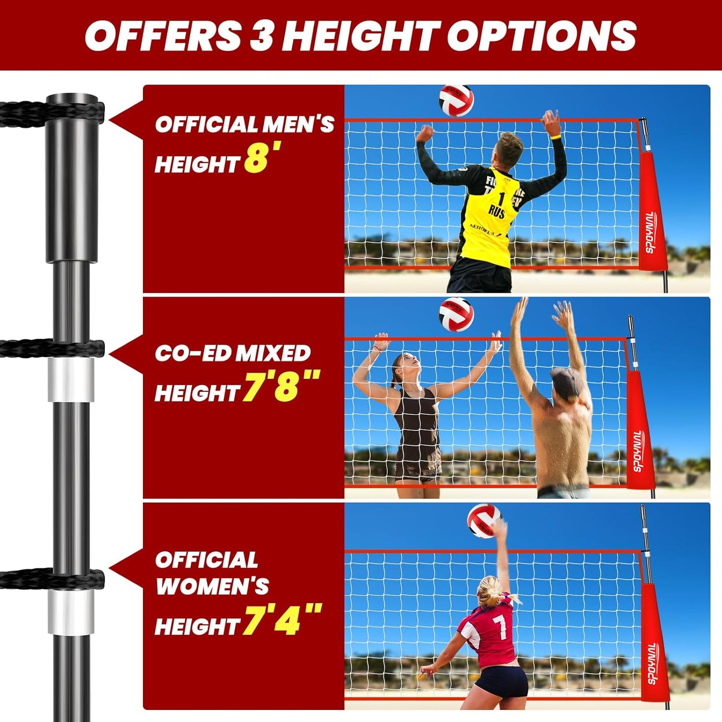 Skiennix Portable Volleyball Net - Adjustable Height Freestanding Set for Indoor/Outdoor Use | 12FT/20FT Size