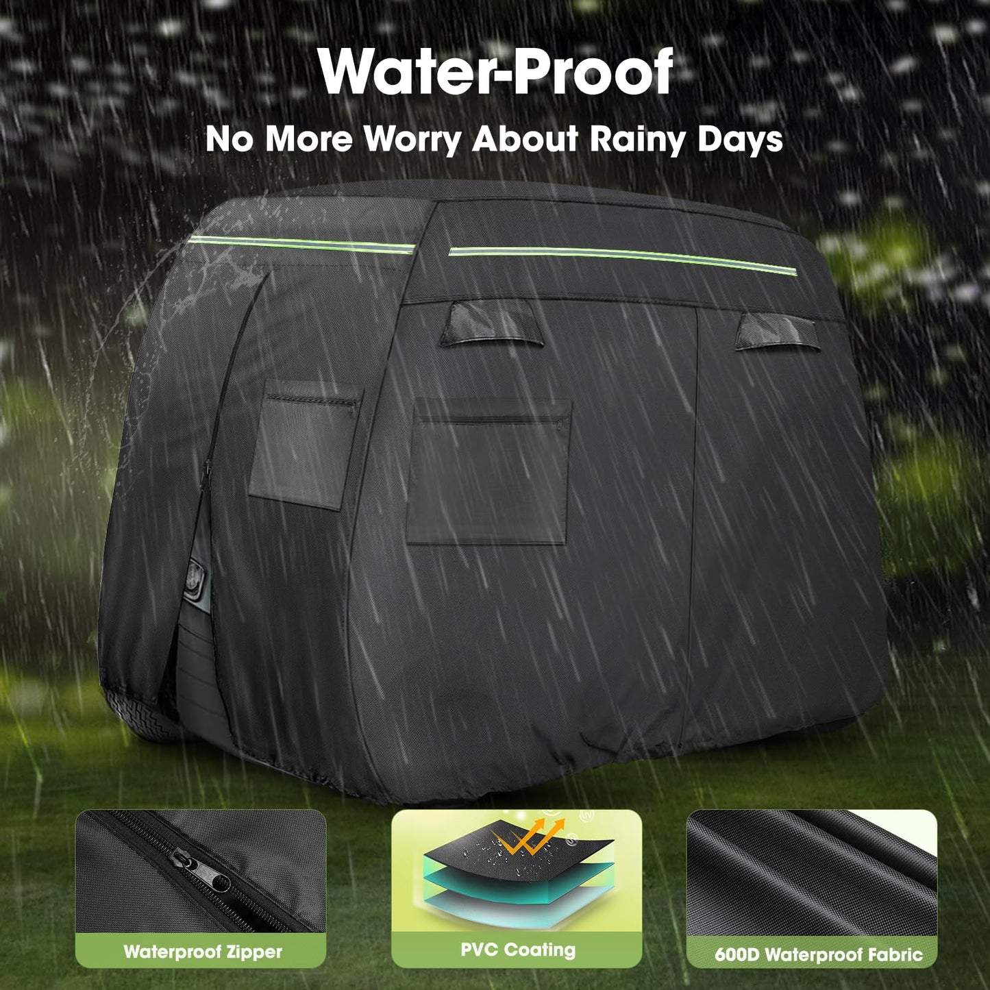 Xoxocos Golf Cart Covers 6 Passenger, Heavy Duty 600D Waterproof Golf Cart Seat Cover EZGO, Club Car, Yamaha, Outdoor 6 Seater with Reflective Strips, Zippered Pockets, Zipper Doors