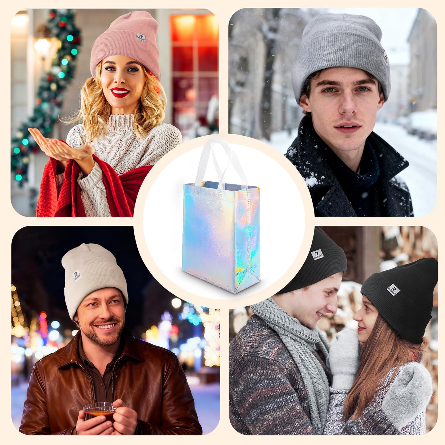 6 Pack Satin Lined Winter Beanie Hats, Silk Lined Beanies Knit Warm Cuffed Soft Hats for Women and Men with a Gift Tote Bag