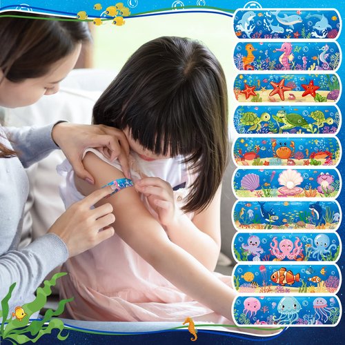 200 Pcs Kid Bandages Bulk Cute Cartoon Bandage Children's Adhesive Flexible Colorful Strip Waterproof Breathable PE Stickers Protection Care Cuts for Ocean Under Sea Party Girl Boy