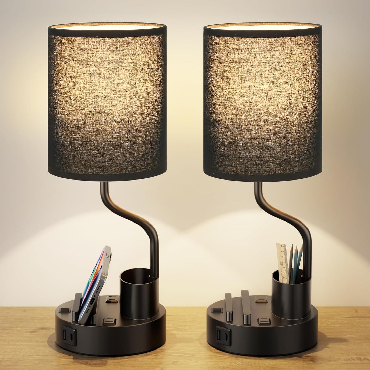 Set of 2 Bedside Table Lamps with USB & AC Outlet - 3 Color Temperatures, Desk Light & Phone Stand for Bedroom, Living Room, Office