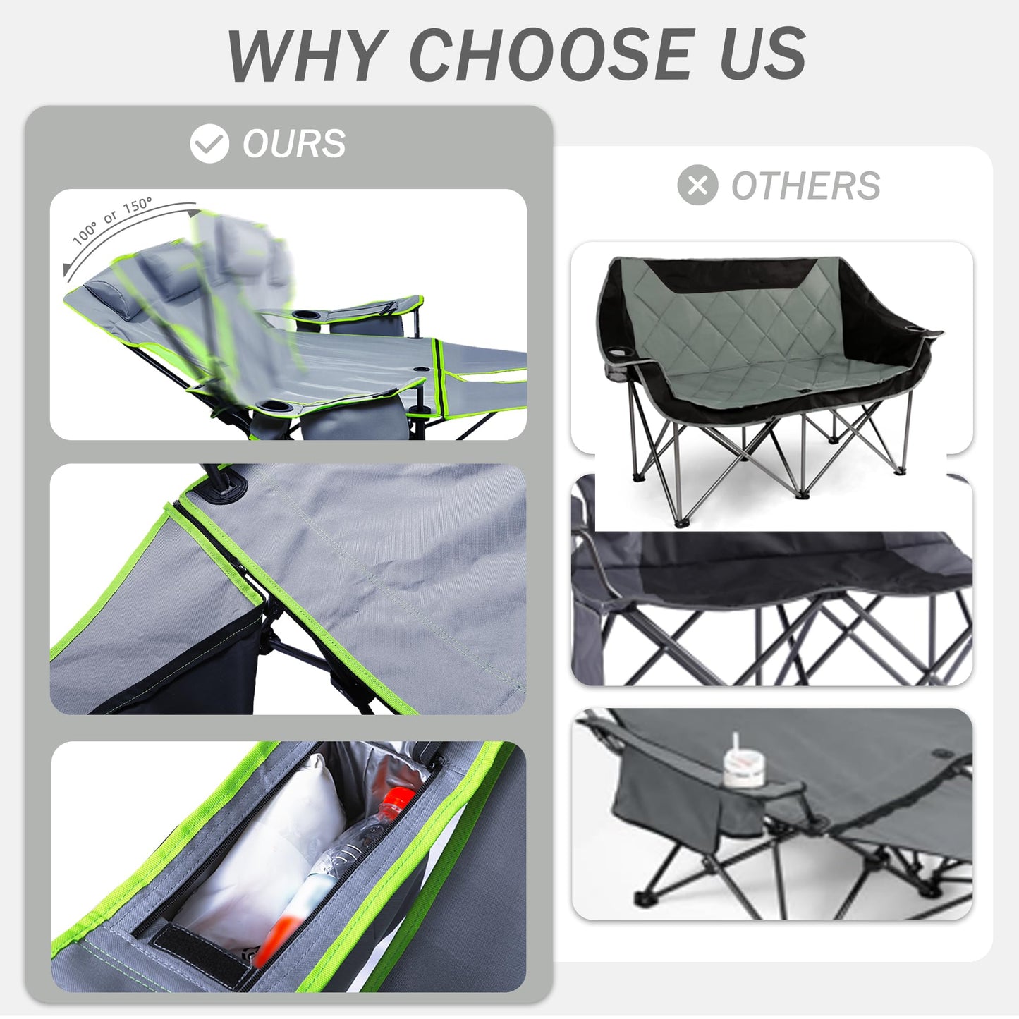 Double Camping Chair,Adjustable Two Person Adjustable Backrest Reclining chairs with Foot Rest,Oversized Folding Camping Loveseat,Office,Beach,Lawn,Headrests,Cooler Bag,Cup Holder,Support 600lbs