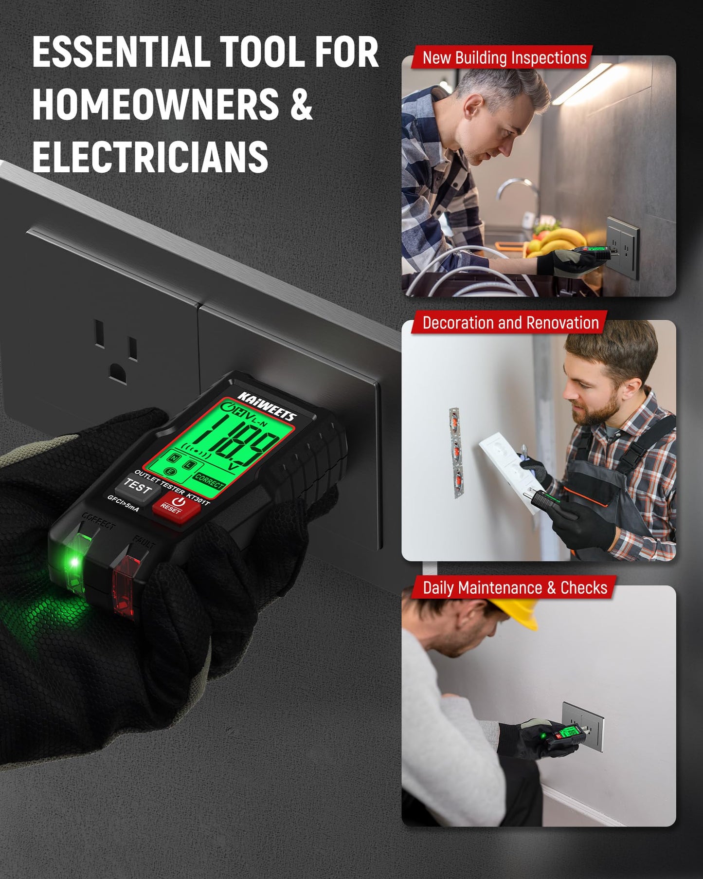 KAIWEETS GFCI Outlet Tester with LCD Display, 3-Prong Receptacle Wiring Detector, Voltage Socket Checker, Auto Hold, Electrical Diagnostic Tool for 120V AC Home Outlets