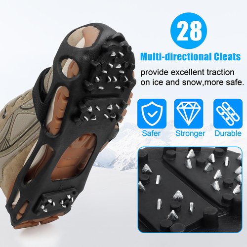 Ice Cleats Snow Traction Cleats Crampons for Shoes and Boots Men Women Anti Slip Ice Shoes Gripper Overshoe Slip-on Stretch Footwear (28 Steel with Straps, Medium(5.5-7 men/7-8.5 Women))