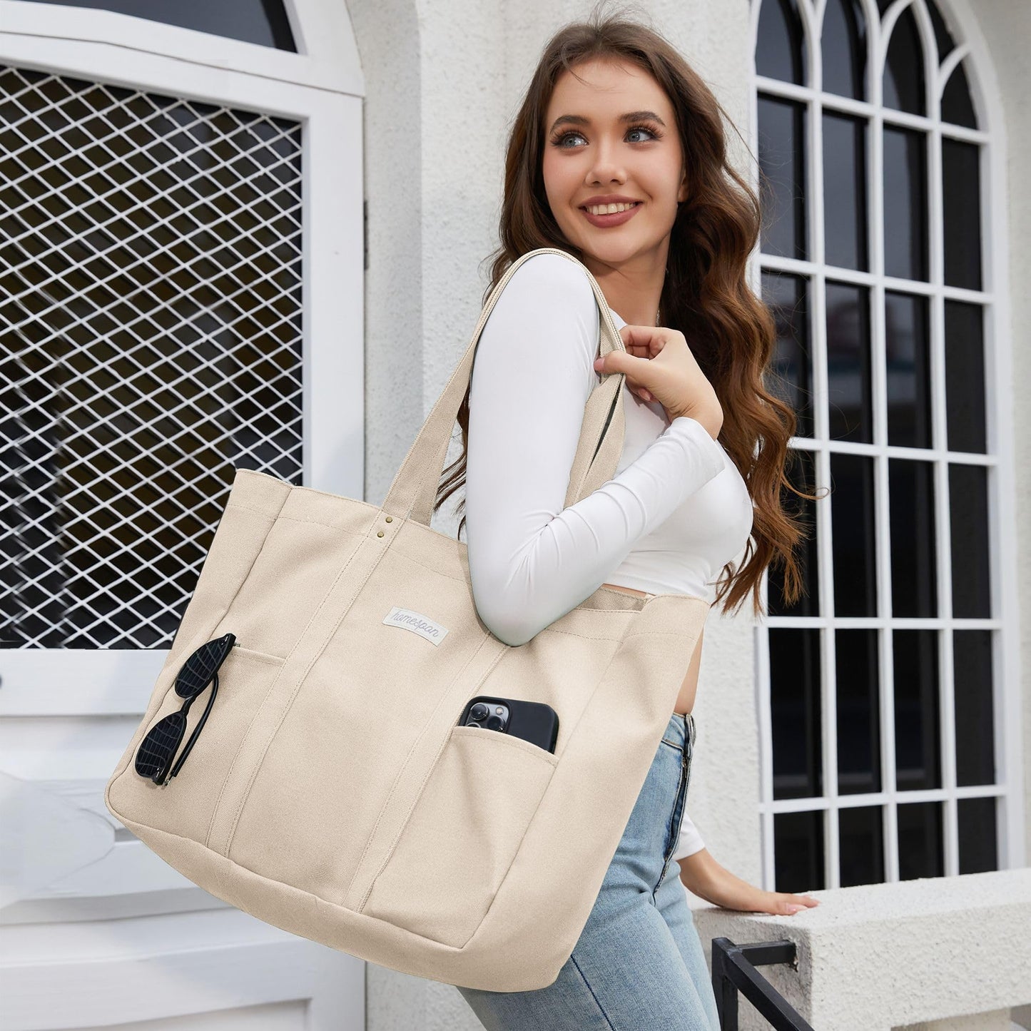 HOMESPON Large Canvas Tote Bag for Women Everything Bag with Pockets and Laptop Sleeve (Beige)