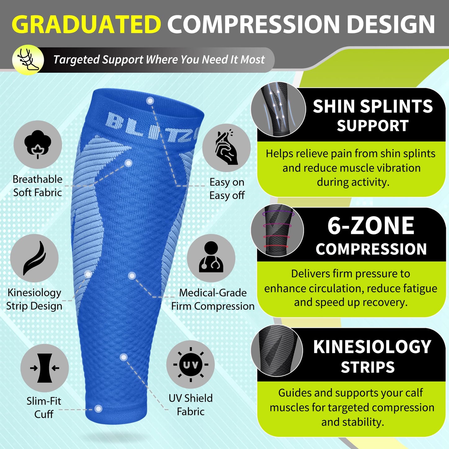 BLITZU Calf Compression Sleeve for Women and Men, Shin Splint Sleeves for Varicose Veins, Nursing, Pregnancy, Running, Footless Compression Socks Support for Calf Muscle Pain Relief Blue S-M