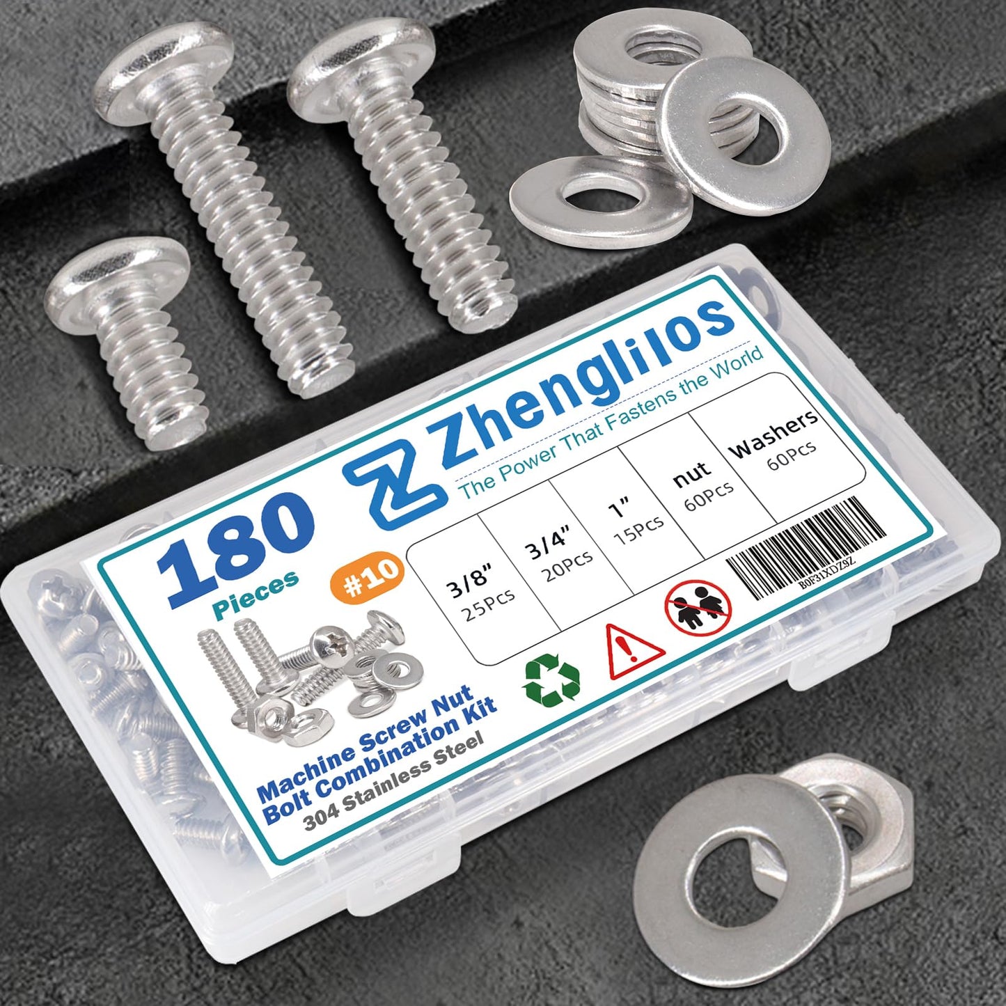 180 PCS Bolt Combination kit # 10 Machine Screws with Locking Washer and Flat Washer, 304 Stainless Steel Phillips Round Head Screws nut and Bolt kit # 10 (3/8 inch,3/4 inch、1 inch)