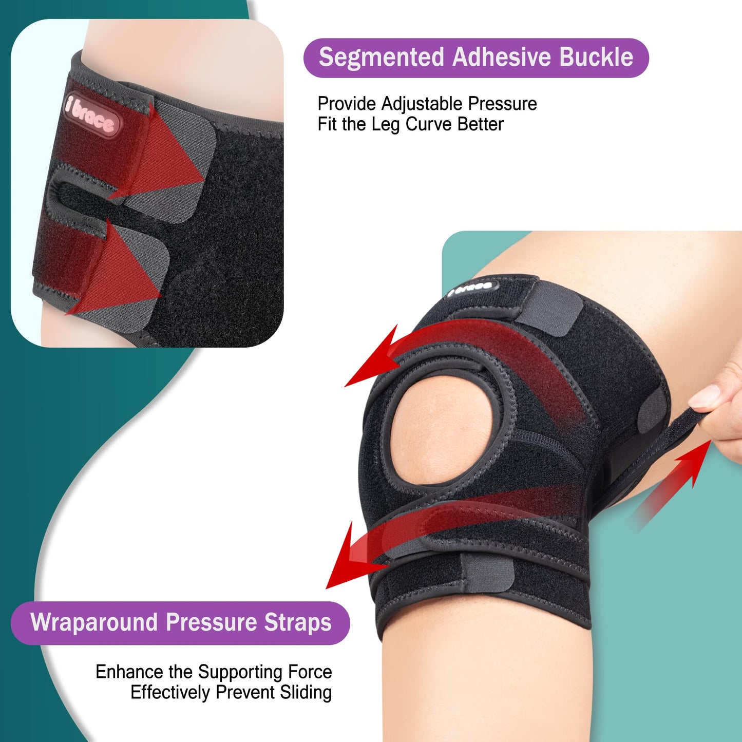 i BRACE Compression Knee Brace, Non-Slip Patella Support with Double Adjustable Straps, Suitable for Patellar Tendinitis, Arthritis, Meniscus Tear, Unisex, Black, M/L