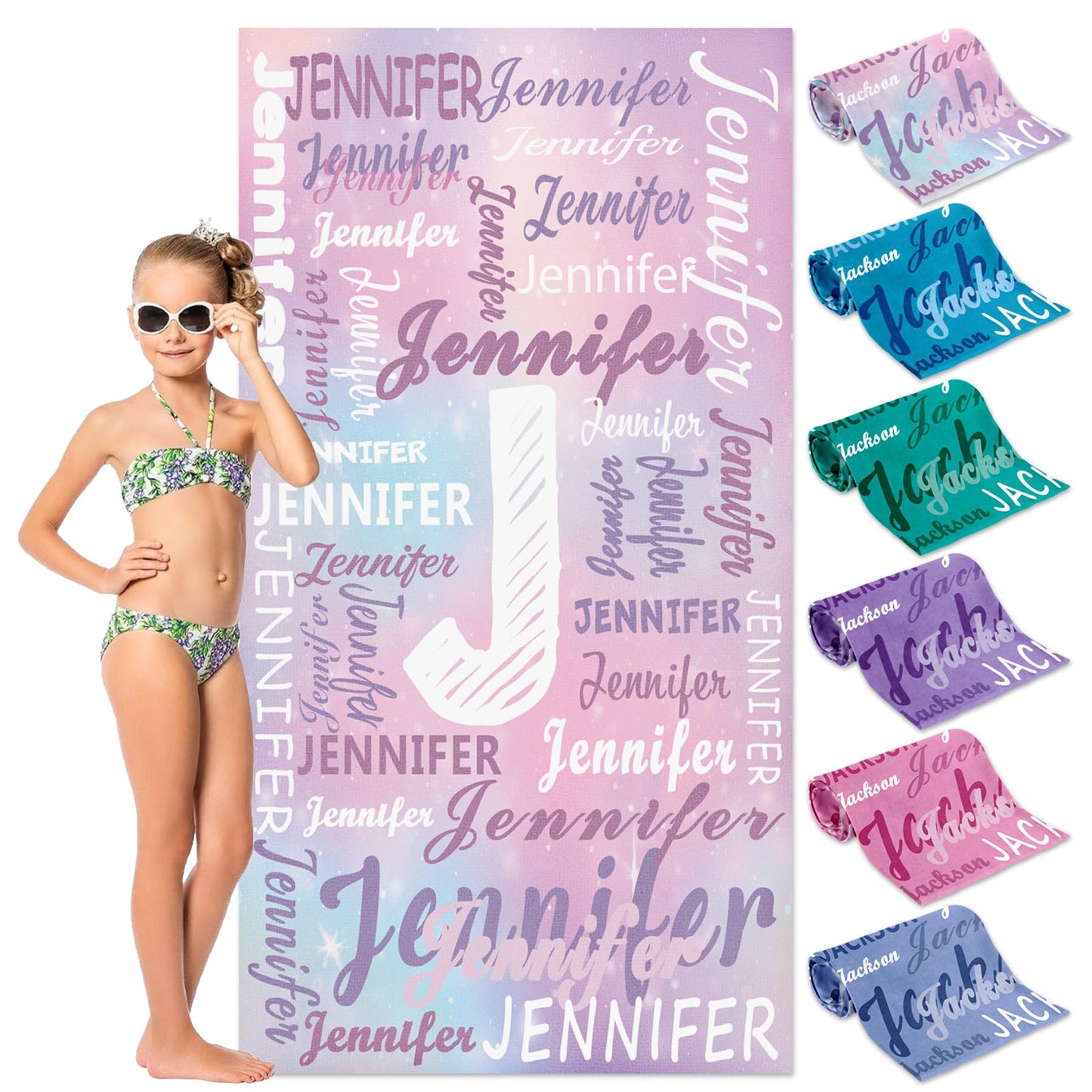 Yoltotude Personalized Kids Beach Towels Custom Sand Free Microfiber Beach Towel with Names & Monogram Customized Quick Dry Pool Towels for Girls Boys Standard Size Easter Gifts for Kids