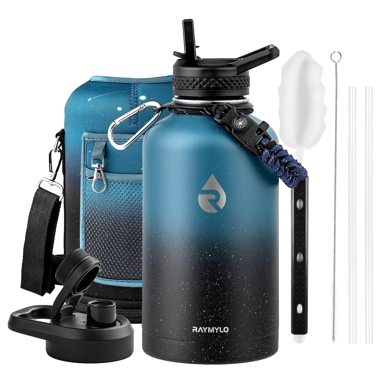 RAYMYLO Insulated Water Bottle 64 oz, Triple Wall Vacuum Stainless Steel (Cold for 48 Hrs), Leak Proof & Non-BPA, Half Gallon Water Flask Jug with Paracord Handle & Straw Spout Lids