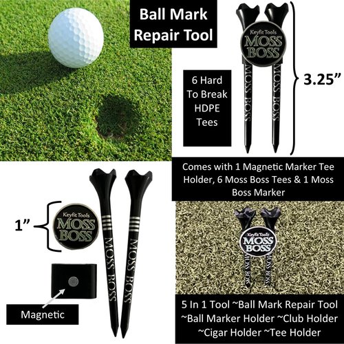 Keyfit Tools Moss Boss Golf Divot Ball Mark Repair Tool 4 in 1 Tool Uses 2 Tees & A Ball Marker As A Repair Tool ~Save Space in Your Pocket ~No Need to Carry a Divot Tool ~Club Holder