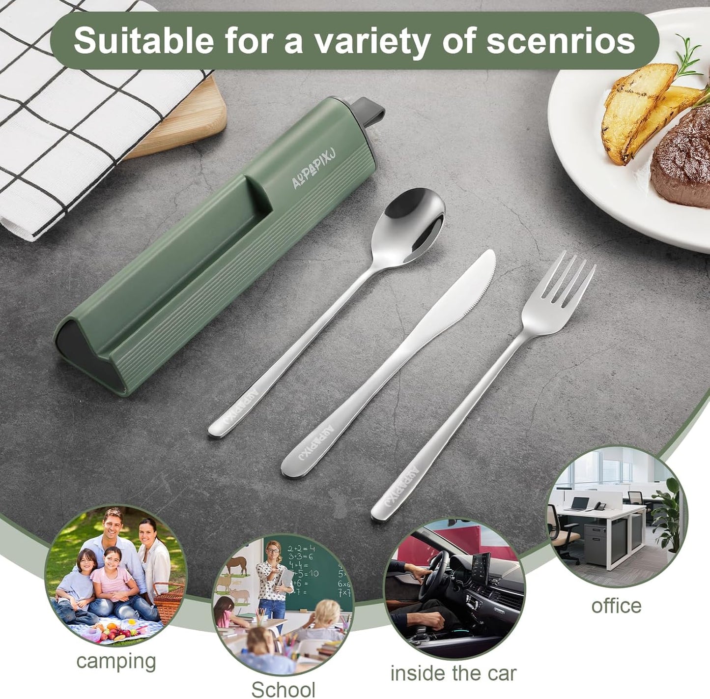 Skiennix Reusable Stainless Steel Utensils Set - Portable Travel Flatware Kit with Case & Phone Stand