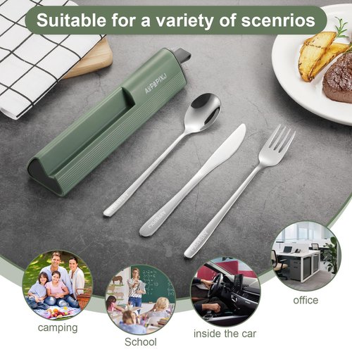 18/8 Stainless Steel Reusable Portable Utensils Set with Case & Phone Stand - Travel Flatware Kit for Office, Camping, Picnic, Outdoor Activities