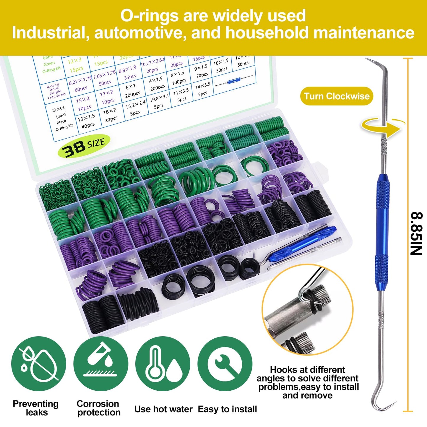 2225pcs 38 Sizes Rubber O Ring Assortment Kit,with 1 Hook Set for Car Plumbing Gas Resists for Pressure Washer Repairs Air Or Gas Sealing Connections Resist Oil and Heat ﻿