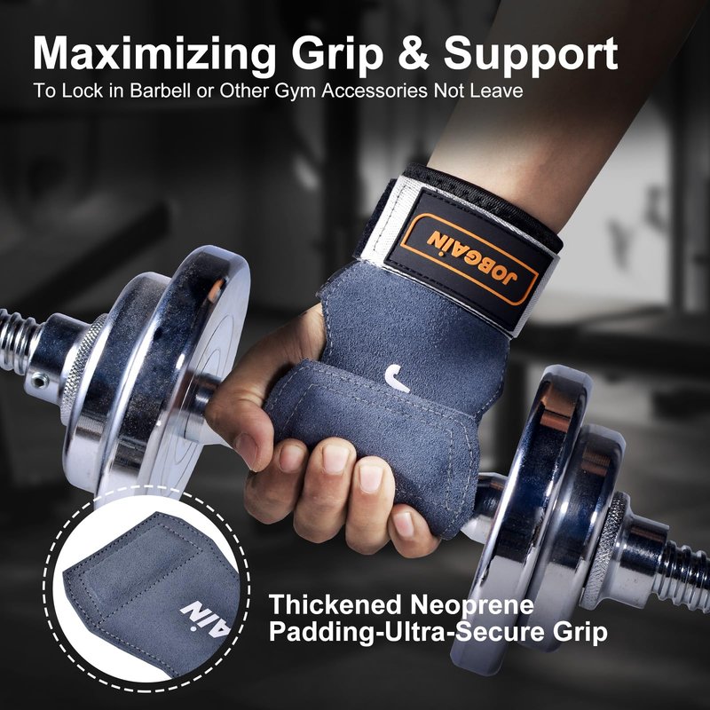 JOBGAIN Weight Lifting Wrist Straps, Double Layer Leather Wrist Strap for Deadlift and Powerlifting, Adjustable Neoprene Padded Wrist Wraps, for Men & Women, 1 Pair, Grey