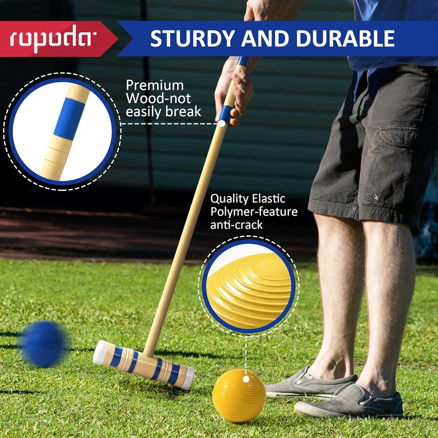 Ropoda 35-Inch Six-Player Croquet Set - Wooden Mallets & Colored Balls | Sturdy Carrying Bag for Lawn & Backyard Fun