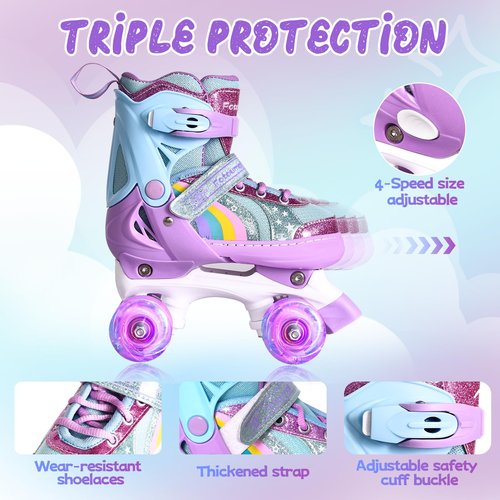 Fotoumgl Roller Skates for Kids Girls Boys, 4 Size Adjustable Rainbow Toddler Rollerskates with 8 Full Light up Wheels, Safe and Fun for Children Beginners, Outdoor Indoor Sports
