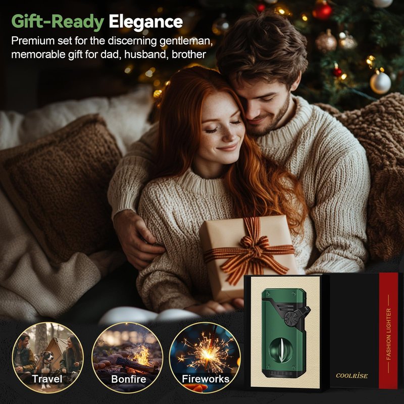 5-in-1 Torch Lighter, 4 Jet Windproof Flame with Built-in Cutter, Holder, Punch, Draw Enhancer Tool, Refillable Butane Torch Lighters, Multi-Functional Accessories, Gifts for Men, Lighters for Candle