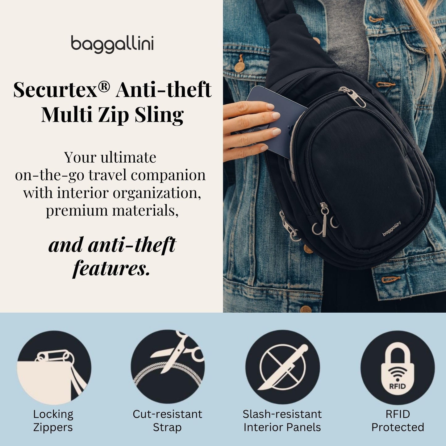 Baggallini Securtex® Anti-Theft Multi Zip Sling - Lightweight 8.6"x15.2" Travel Bag with Locking Zippers & RFID Protection