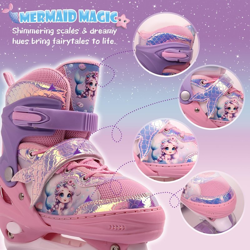 Adjustable Mermaid Roller Skates for Kids Girls with LED Light Up Wheels | Indoor Outdoor Skates for Kids Beginners | Protective Gear Set Included | Birthday Gift (Purple Pink)