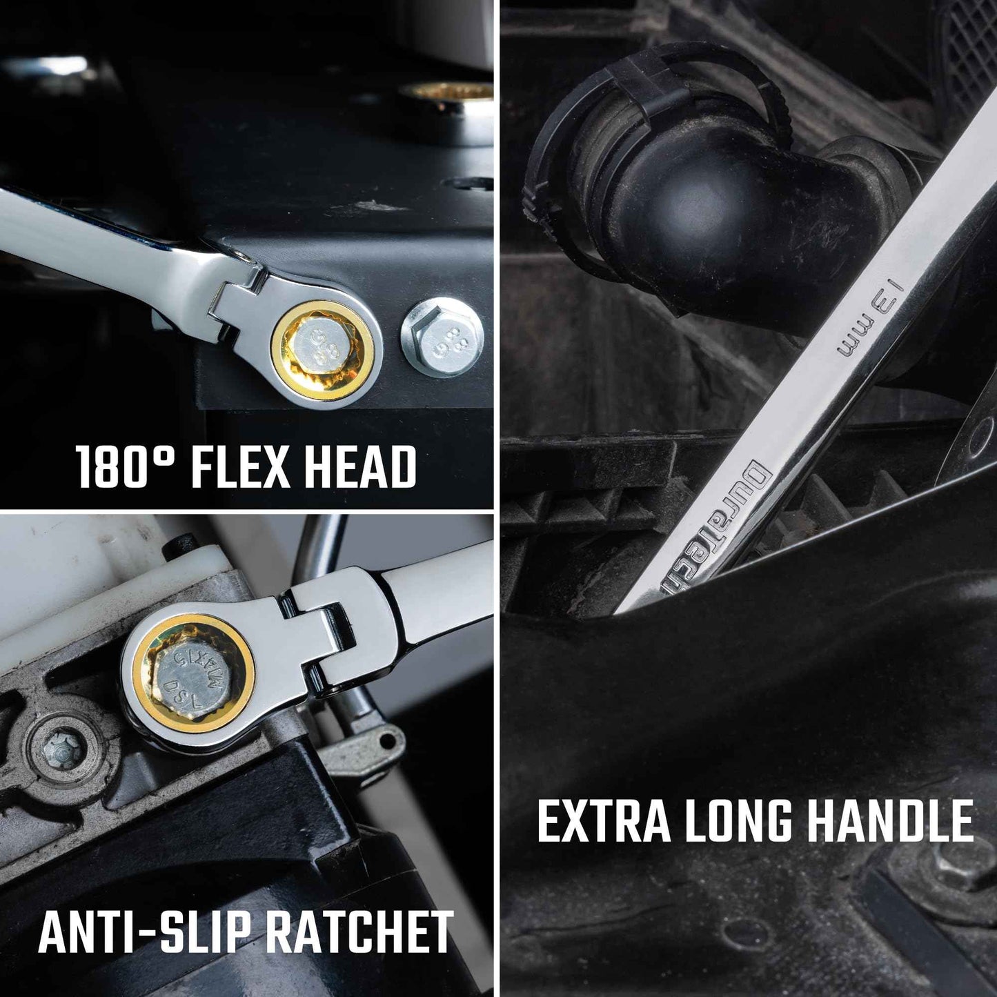 DURATECH Extra Long Anti-Slip Flex-Head Ratcheting Wrench Set, Double Box End Wrench Set, 6-Piece, Metric 8-19 mm, CR-V Steel, with Pouch