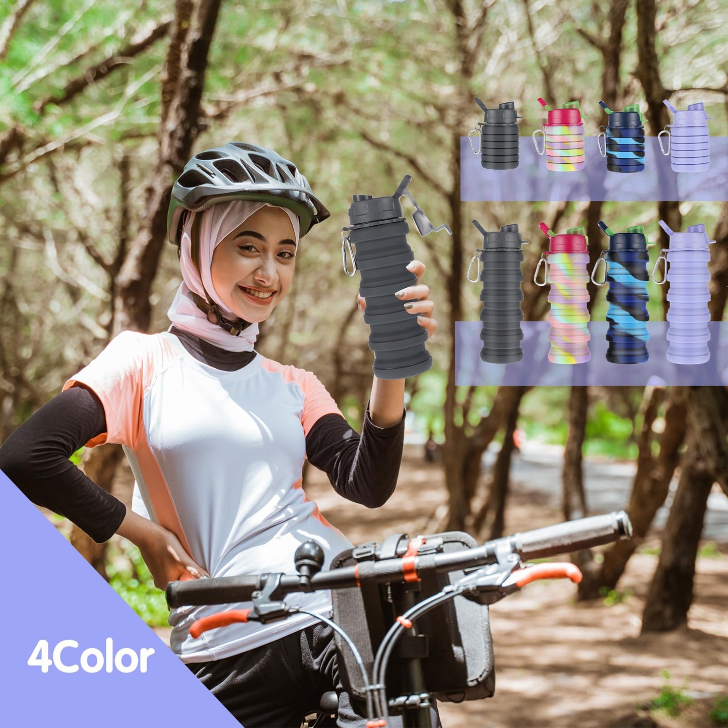 MAQUITA 4 Pcs Collapsible Water Bottles 16 oz Portable Foldable Water Bottles Silicone Leak Proof Travel Water Bottle Reusable Sports Water Bottle with Metal Clip for Camping Hiking Travel