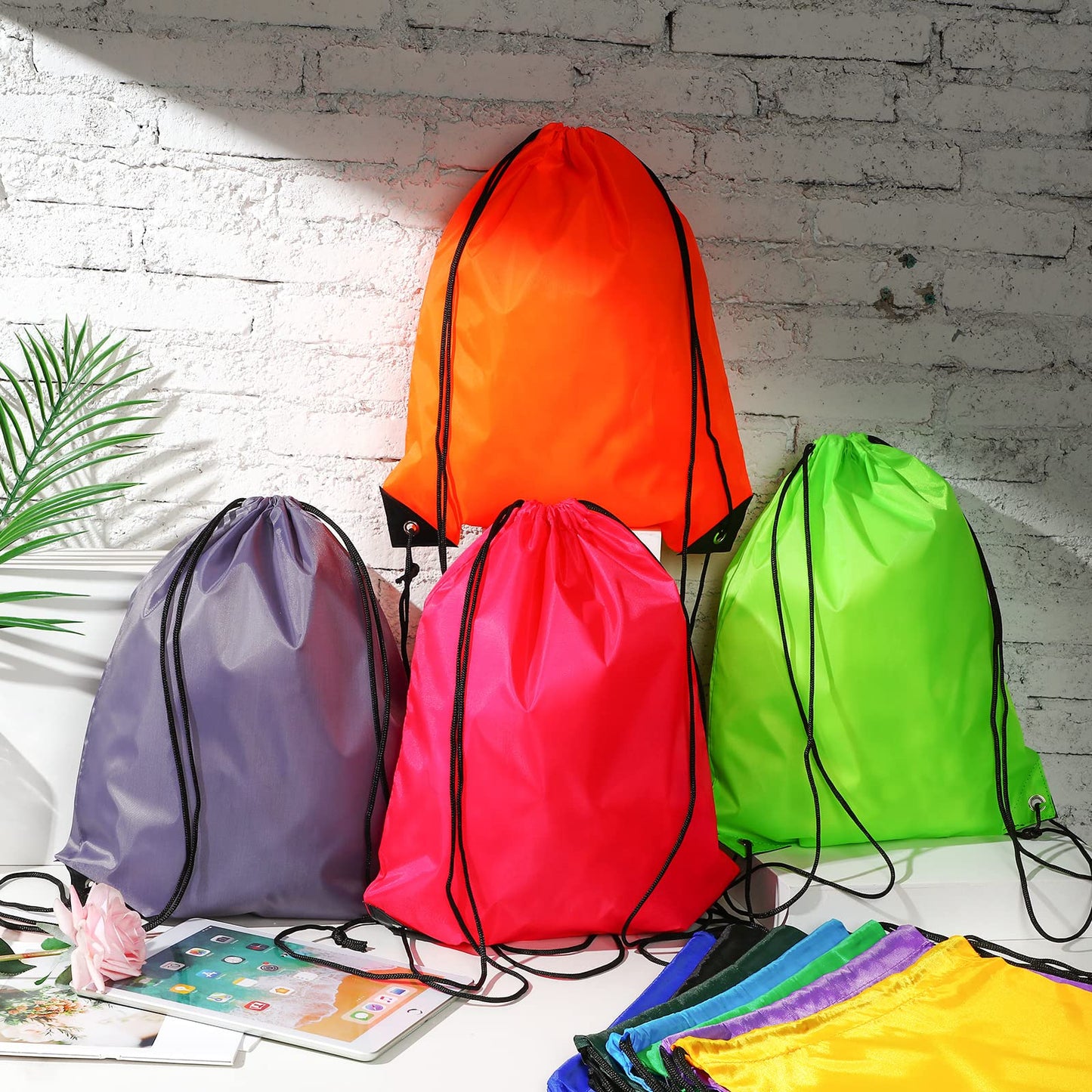 Shappy Drawstring Backpack Bulk Sports Gym Cinch Bag Polyester String Bag for Men Women(10 Colors,100 Pcs)