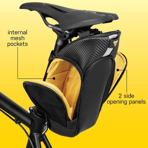 Topeak MondoPack Saddle Bag with QuickClick F25 Mount – Compact Under-Seat Storage for Small Frames, Dual Side Access, 1200D Polyester, Reflective Safety Features for Road, Gravel & MTB