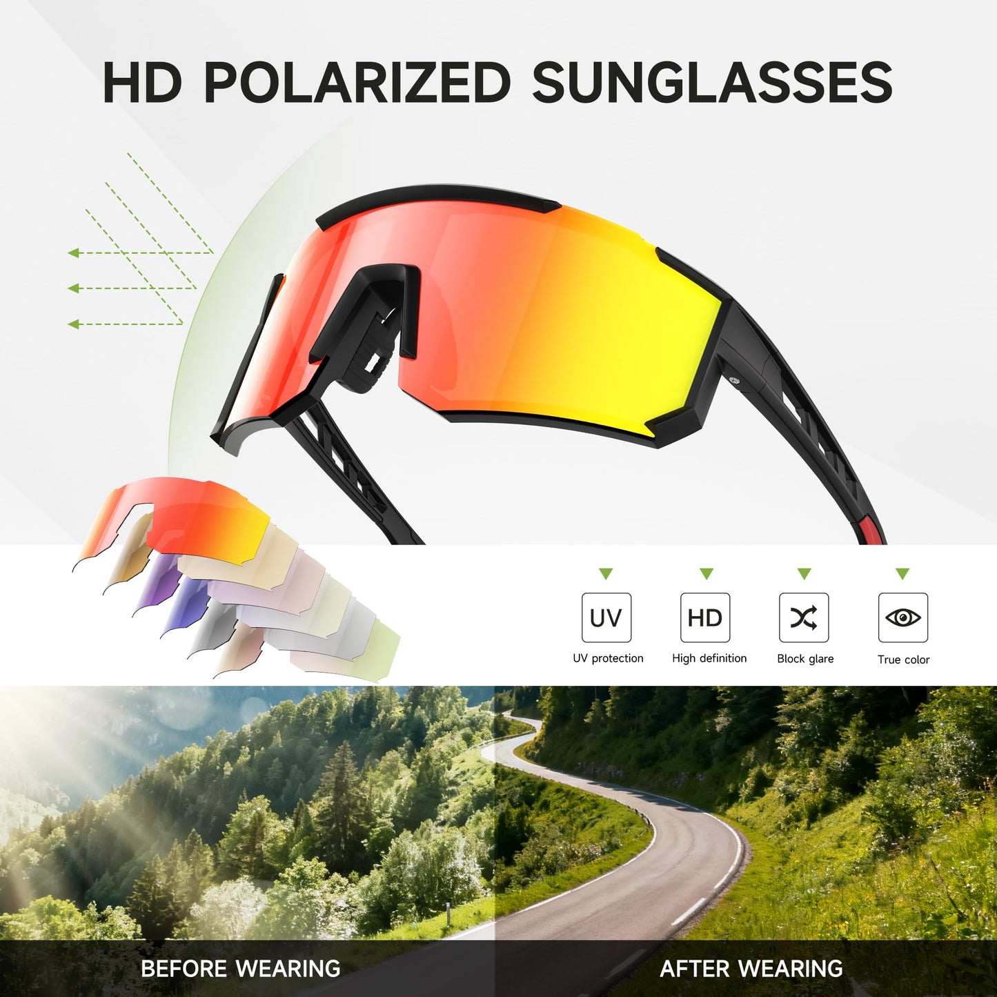 Foliful 3 Pack Polarized Sports Sunglasses Men Women, Running Mens Sunglasses UV Protection for Baseball Cycling Fishing, Ice Blue/Grey/Pink Green