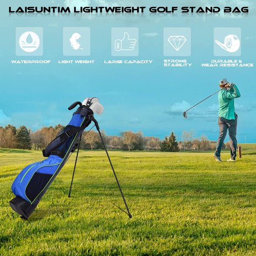 LAISUNTIM Golf Stand Bag Retractable, Portable Golf Bag with 2 Way Divider and Dual Straps, Waterproof Wear-Resistant Durable Fabric Golf Bag for Women and Men (Blue)