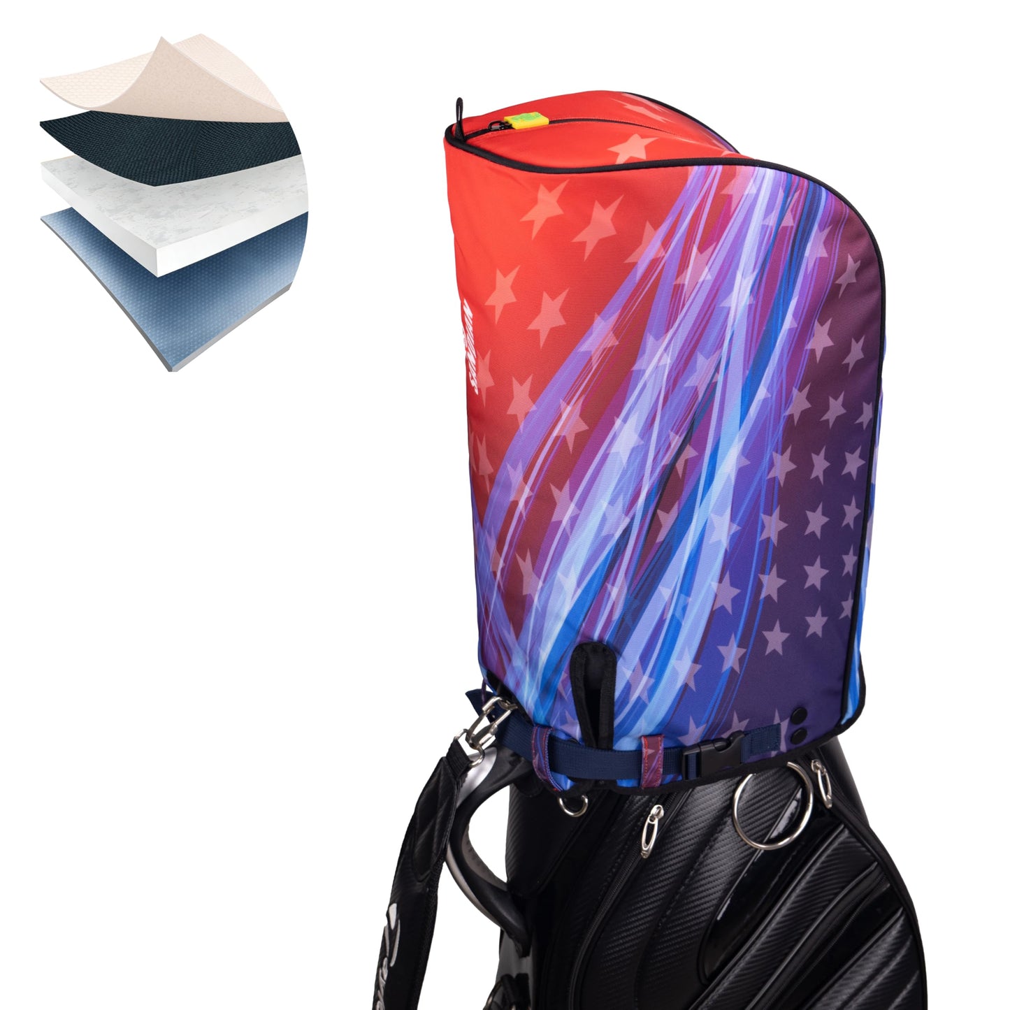 SANDIAN, Flying Stars, Golf Bag Rain Hood Cover, Waterproof 1260D Oxford Polyester, 12x20 Inches, Padded Protection, PU Coated, Two Sided Zipper, Adjustable Buckle Lock Fasteners, Snap Button Locking