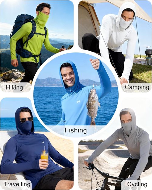Isnowood Men's Fishing Sun Hoodie - UPF 50+ UV Protection Long Sleeve Shirt with Mask for Outdoor Activities